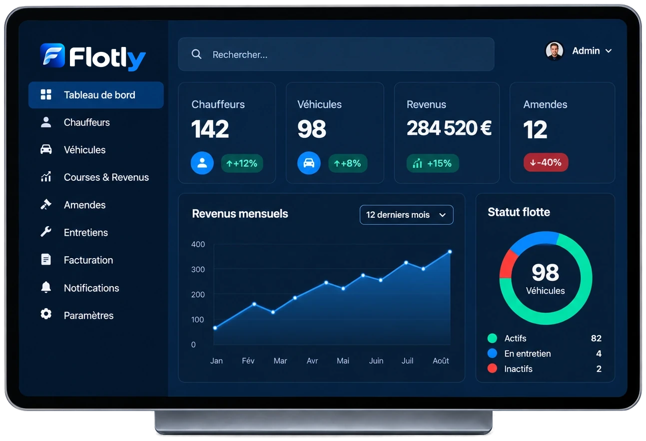 Le tableau de bord de Flotly : chauffeurs, véhicules, revenus, amendes, revenus mensuels et statut de la flotte